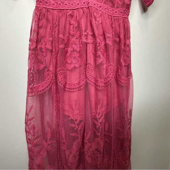 Honey Punch Pink Lace Romper Maxi Dress Size Small Plunging Neckline Feminine - Picture 6 of 15
